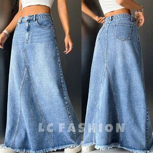 Denim Maxi Skirts, High Waist Raw Hem Maxi Denim Skirt, Boho Maxi Long Skirt